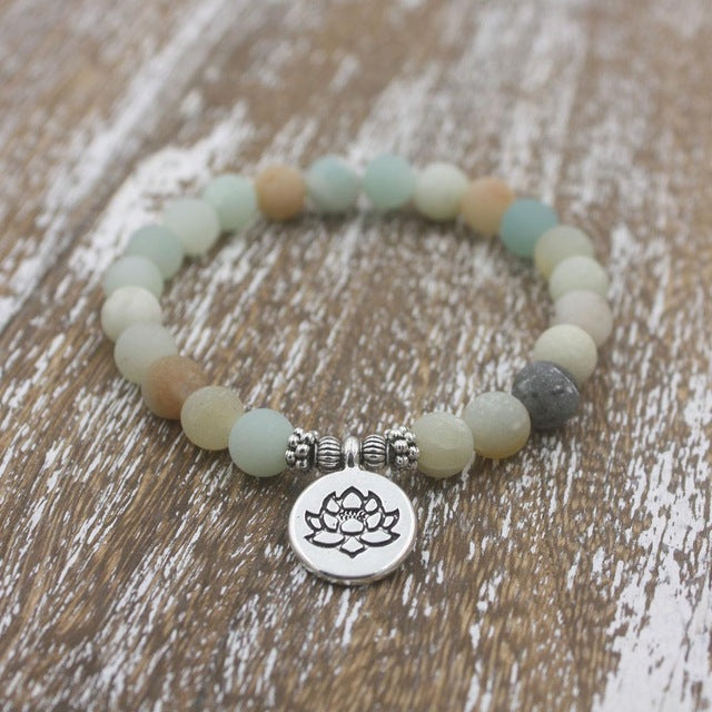 1pcs 8mm Matte Frosted Amazonite beads with Lotus OM Buddha Charm Yoga Bracelet
